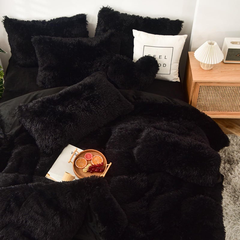 MorroMorn 5 PCS Shaggy Duvet Cover Bedding Set - Fluffy Comforter Cover Long Faux Fur Luxury Ultra Soft Cozy (Black, Full/Queen) - Image 2